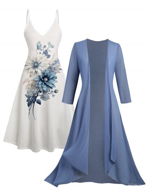 Ensemble cardigan transparent uni en mousseline de soie ouverte sur le devant à manches courtes et robe camisole à gros imprimé floral
