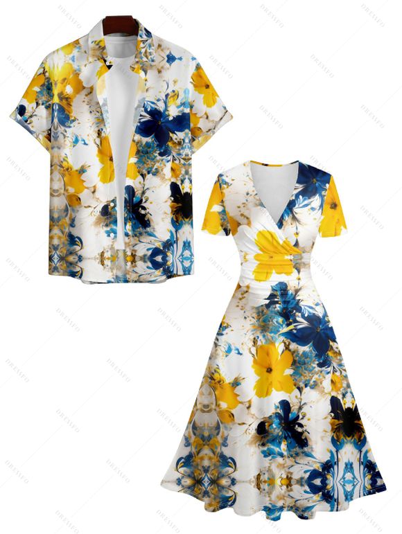Robe Ceinturée Imprimée Florale à Col en V avec Manches Retroussées - Blanc S | US 4