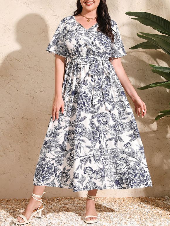 Robe Evasée Fendue Peinture Fleurie Imprimée de Grande Taille à Col V - Blanc 5XL | US 24
