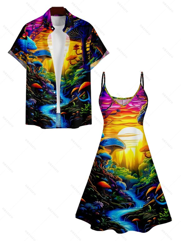 Robe à Col en V et à Bretelles Spaghetti avec Manches Retroussées et Imprimé Paysage Coloré - multicolor A S | US 4