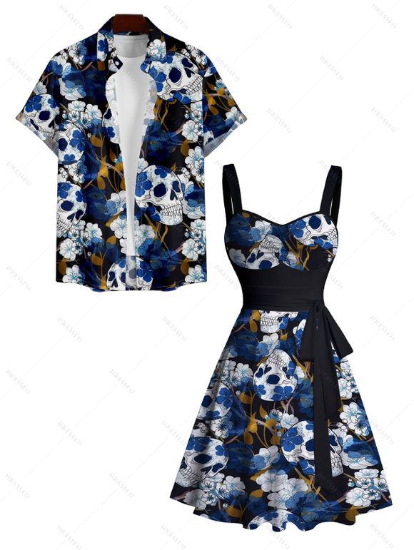 Robe Plissée Contrastante Imprimé Crâne Floral à Col en Coeur et Manches Retroussées - Bleu profond S | US 4