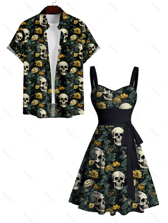 Robe Plissée Contrastante Imprimé Crâne Floral à Col en Coeur et Manches Retroussées - Vert profond S | US 4