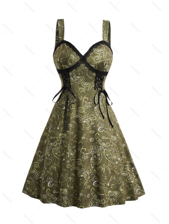 Robe à Bretelles à Imprimé Chat à Lacets - Vert profond S | US 4