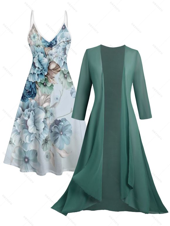 Ensemble Cardigan Ouvert à Manches Longues et Robe à Motif Floral en Mousseline - Vert profond L | US 8-10