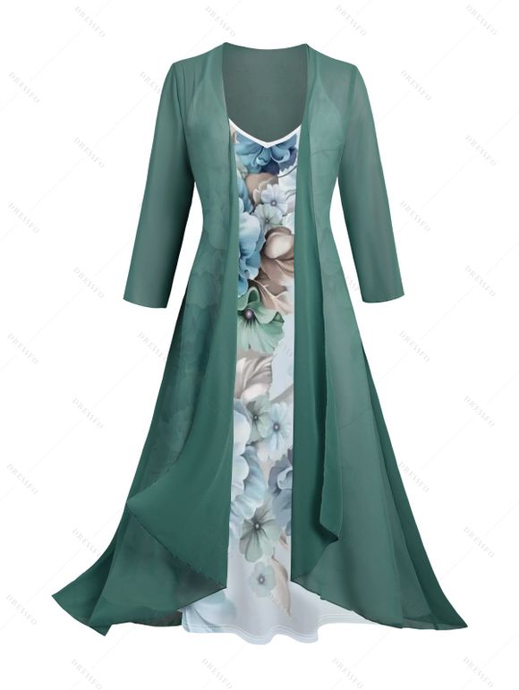 Ensemble Cardigan Ouvert à Manches Longues et Robe à Motif Floral en Mousseline - Vert profond M | US 6