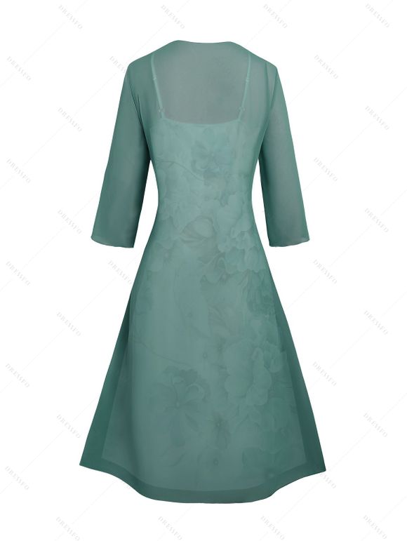 Ensemble Cardigan Ouvert à Manches Longues et Robe à Motif Floral en Mousseline - Vert profond M | US 6