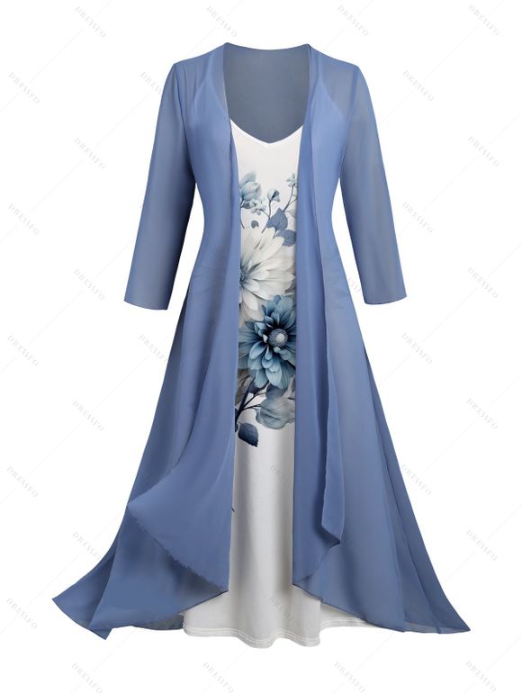 Ensemble Cardigan Ouvert à Manches Longues et Robe à Motif Floral en Mousseline - Bleu Ciel XXL | US 14