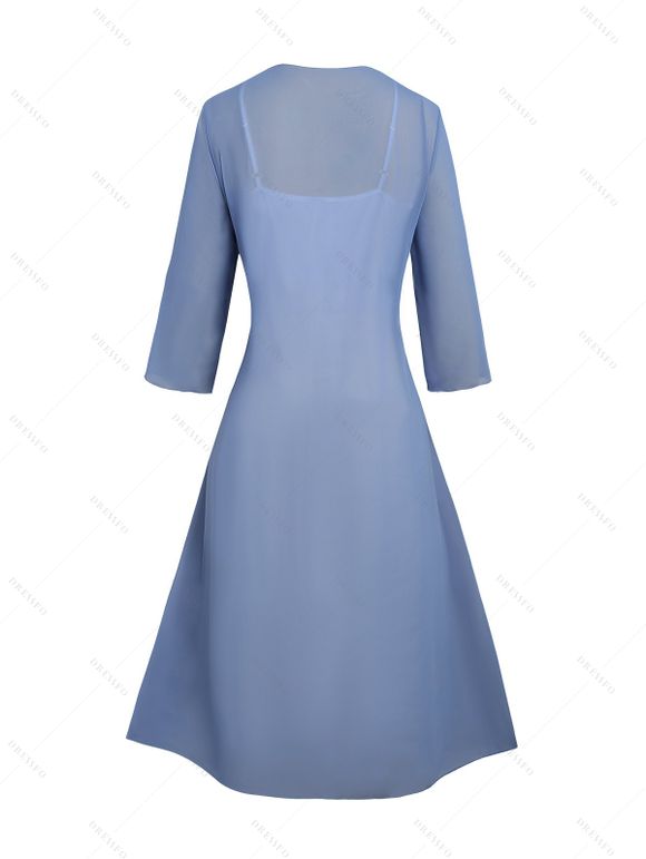 Ensemble Cardigan Ouvert à Manches Longues et Robe à Motif Floral en Mousseline - Bleu Ciel XXL | US 14