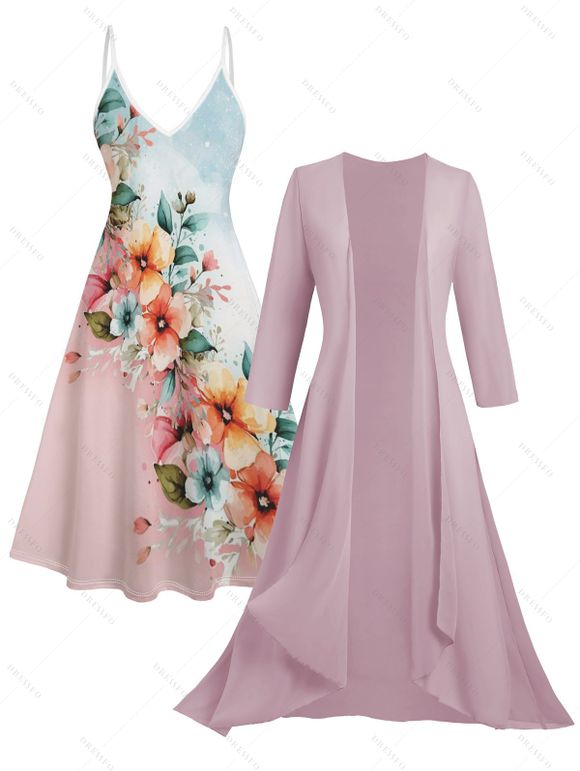 Combinaison Ouverte en Avant Papillon de Couleur Unie à Manches Bouffantes et Robe à Bretelle - Rose clair XXL | US 14