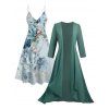 Ensemble cardigan transparent uni en mousseline de soie ouverte sur le devant à manches courtes et robe camisole à gros imprimé floral - Vert profond XXXXL | US 18