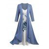 Ensemble cardigan transparent uni en mousseline de soie ouverte sur le devant à manches courtes et robe camisole à gros imprimé floral - Bleu Ciel XXXL | US 16