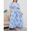 Robe D'Eté Fendue Plume Imprimée Superposée Ceinturée de Grande Taille à Volants - Bleu clair 4XL | US 22