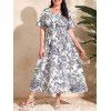 Robe Evasée Fendue Peinture Fleurie Imprimée de Grande Taille à Col V - Blanc 5XL | US 24
