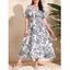 Robe Evasée Fendue Peinture Fleurie Imprimée de Grande Taille à Col V - Blanc 5XL | US 24