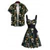 Robe Plissée Contrastante Imprimé Crâne Floral à Col en Coeur et Manches Retroussées - Vert profond S | US 4