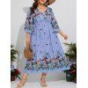 Robe D'Eté Fleurie Imprimé à Demi-Bouton Manches Evasées Grande Taille à Col V - Bleu Ciel 4XL | US 22