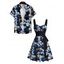 Robe Plissée Contrastante Imprimé Crâne Floral à Col en Coeur et Manches Retroussées - Bleu profond S | US 4