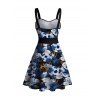 Robe Plissée Contrastante Imprimé Crâne Floral à Col en Coeur et Manches Retroussées - Bleu profond S | US 4