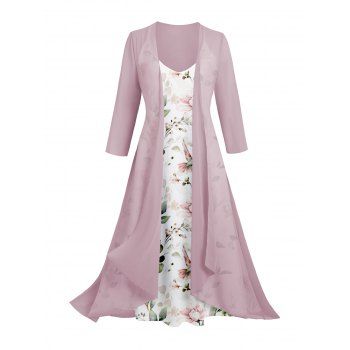 Sheer Solid Open Front Chiffon Bracelet Sleeve Cardigan and Beautiful Floral Butterfly Print Cami Dress Suit 