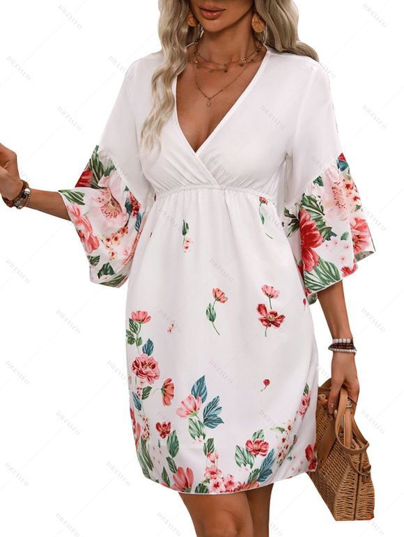 Robe Courte Imprimée Florale à Col Plongeant à Manches Volantées - Blanc M | US 6