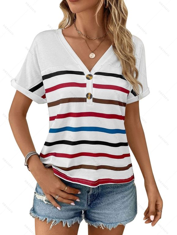T-shirt Décontracté Rayé Imprimé à Demi-Bouton Manches Roulées à Col V - Blanc XL | US 12