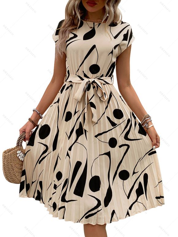 Robe D'Été à Col Rond avec Ceinture et à Mancherons à Imprimé Abstrait - Abricot XL | US 12