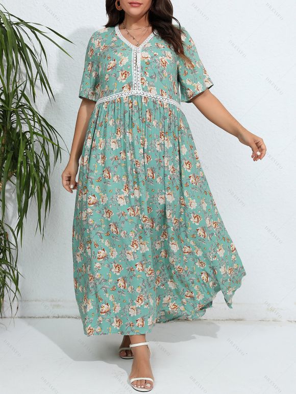 Robe D'Eté Fleurie en Dentelle Jointive de Grande Taille à Col V - Vert clair 4XL | US 20