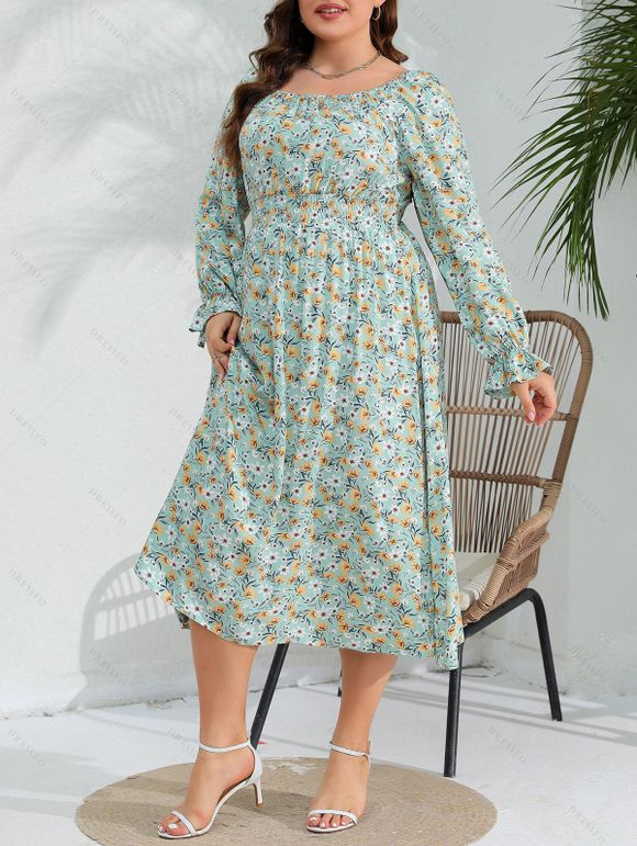 Robe D'Eté Fleurie Imprimée de Grande Taille Manches Longues à Col U à Volants - Vert clair 4XL | US 22