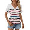 T-shirt Décontracté Rayé Imprimé à Demi-Bouton Manches Roulées à Col V - Blanc XL | US 12
