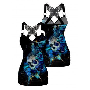 Skull Pattern Ruched Butterfly Lace Tank Top Cross O Ring Surplice Summer Top