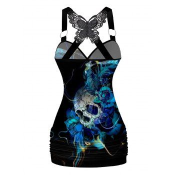 Skull Pattern Ruched Butterfly Lace Tank Top Cross O Ring Surplice Summer Top 