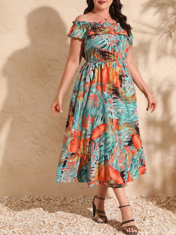 Robe Décontractée Plume Imprimée à Epaule Dénudée de Grande Taille Ourlet à Volants - Vert clair 4XL | US 22