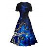 Robe Patineuse Galaxie Pieuvre Imprimée à Manches Courtes et Col V - Noir S | US 4