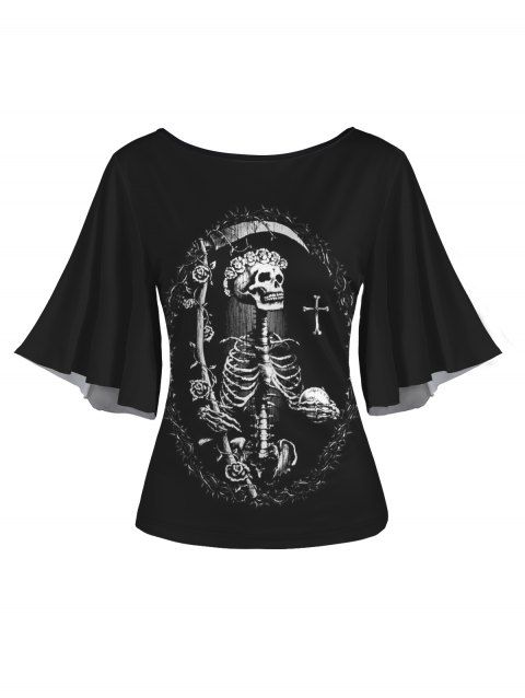 T-shirt D'Eté Squelette Imprimée Manches Evasées à Col Rond