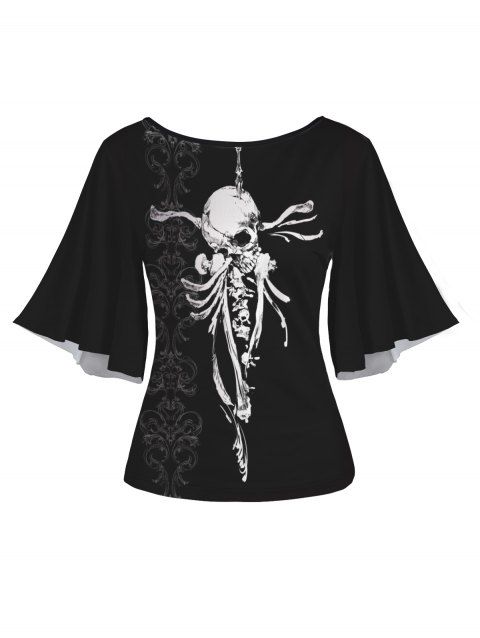 T-shirt D'Eté Squelette Imprimée Manches Evasées à Col Rond