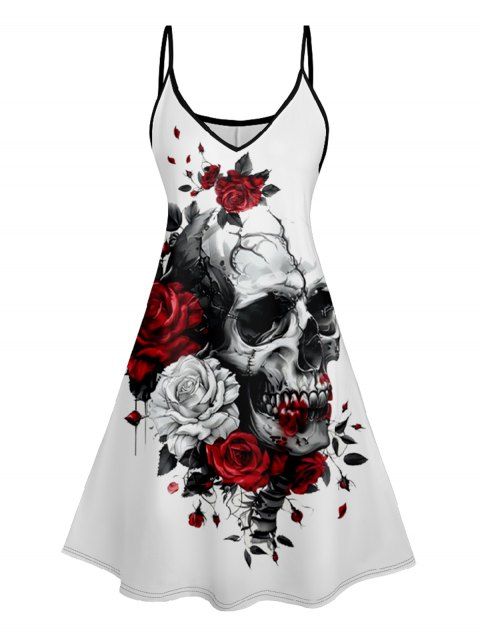 Rose Skull Print V Neck High Waist Spaghetti Strap Dress Sleeveless Summer A Line Cami Dress