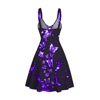 Galaxy Butterfly Print Lace Up Crisscross V Neck Dress Sleeveless High Waist Tank Dress