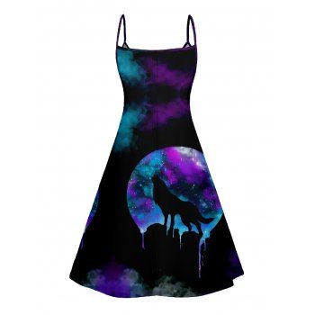 Tie Dye Night Wolf Print V Neck High Waist Spaghetti Strap Dress Sleeveless Summer A Line Cami Dress