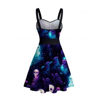 Sweetheart Neck Galaxy Skull Print Ruched Bust Tank Belt Summer Dress