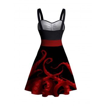 Sweetheart Neck Red Octopus Foot Print Ruched Bust Tank Belt Summer Dress