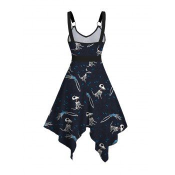 Allover Animal Skeleton Print V Neck High Waist Tank Dress O Ring Sleeveless Handkerchief Dress