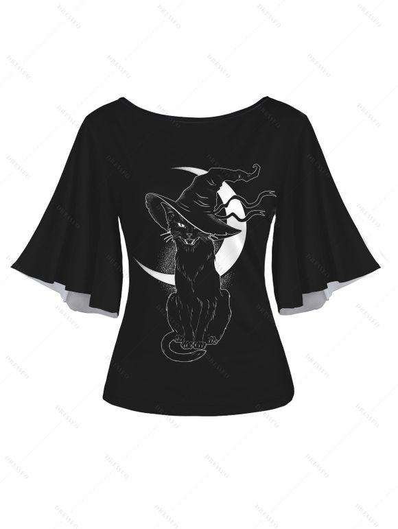 T-shirt D'Eté Chat et Lune Imprimés Manches Evasées à Col Rond - Noir XL | US 12