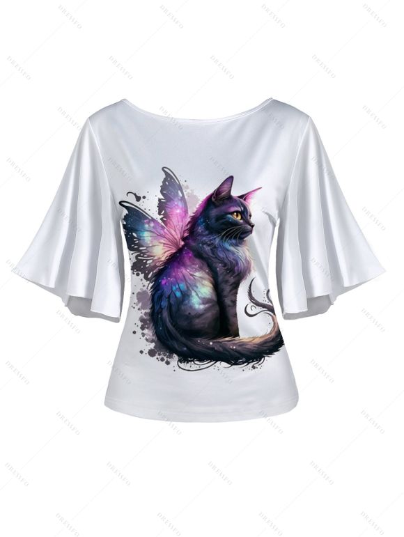 T-shirt D'Eté Chat et Papillon Imprimés Manches Evasées à Col Rond - Blanc S | US 4