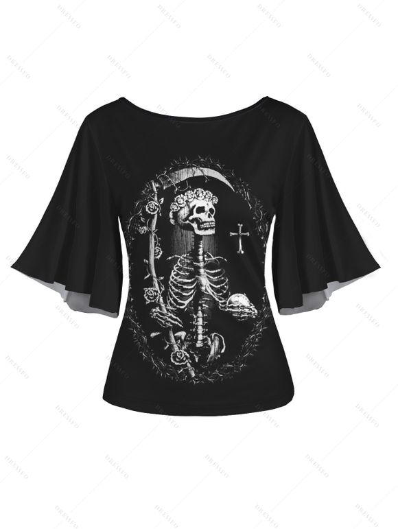 T-shirt D'Eté Squelette Imprimée Manches Evasées à Col Rond - Noir M | US 6