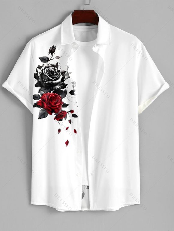 Robe Chemise Rose et Cercle O Imprimés Manches Roulées à Col V pour Femme - Blanc S | US 4