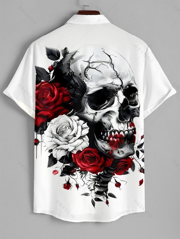 Robe Chemise Rose et Cercle O Imprimés Manches Roulées à Col V pour Femme - Blanc S | US 4