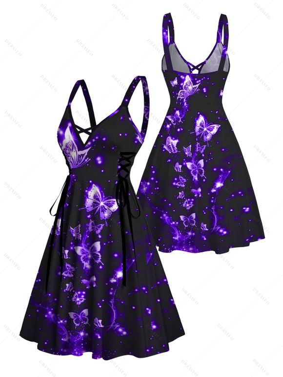 Robe Croisée Papillon Galaxie Imprimés à Taille Haute sans Manches à Lacets - Concorde XL | US 12