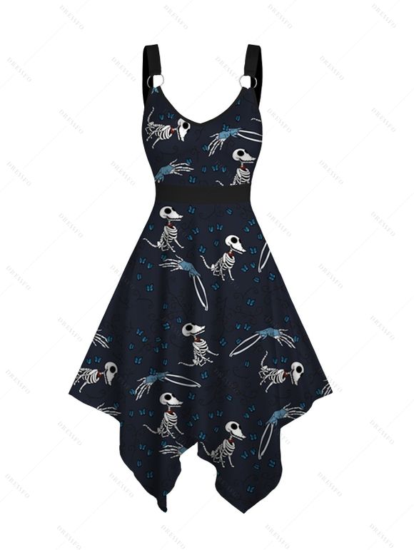 Robe Mouchoir Ceinturée Squelette Animal Imprimé sans Manches à Taille Haute à Col V - Bleu de Minuit XL | US 12