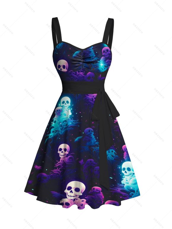 Robe D'Eté Crâne Galaxie Imprimés Plissée Au Poitrine à Volants - Bleu profond XXL | US 14