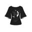 T-shirt D'Eté Chat et Lune Imprimés Manches Evasées à Col Rond - Noir M | US 6